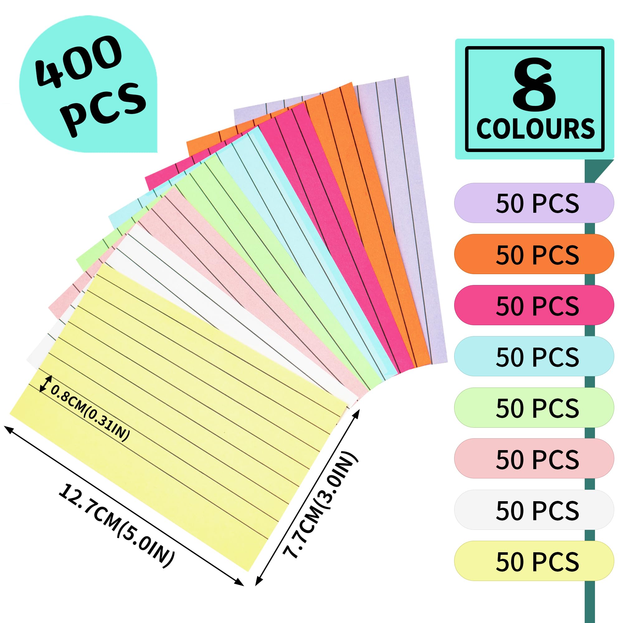 400PCS Colored Index Cards, 8 Colours 8 Sets 5"x3" One Side Lined One Side Blank - Image 2