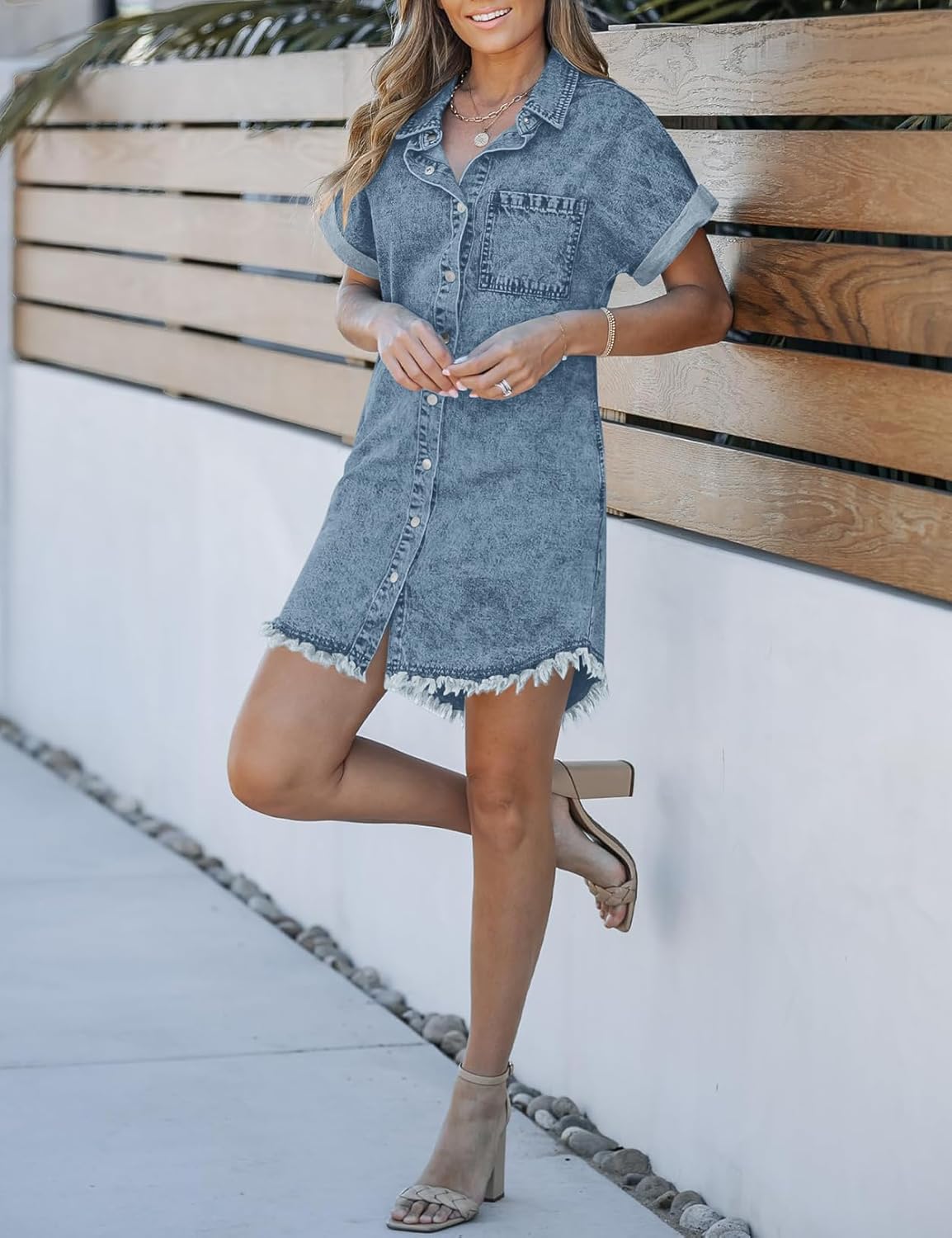 BestGirl Denim Shirt Dress for Women Short Sleeve Button Down Casual Summer Jean Dresses - Image 3