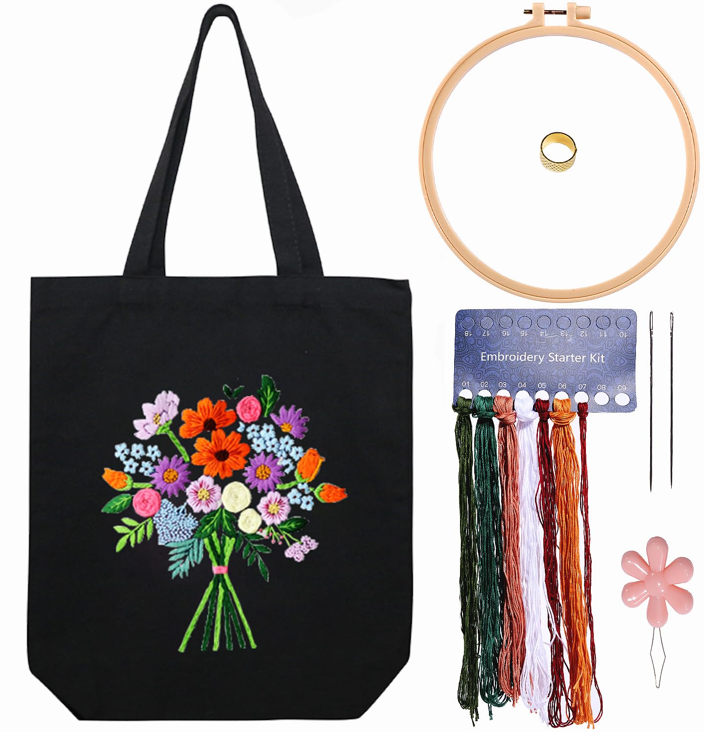CREAWONDER Hand Embroidery Kits for Bag, Embroidery Kit Bag with Pattern for Beginners, Arts and DIY Embroidery Crafts Kits for Adults, Include Instructions, Embroidery Hoops, Color Threads and Tool