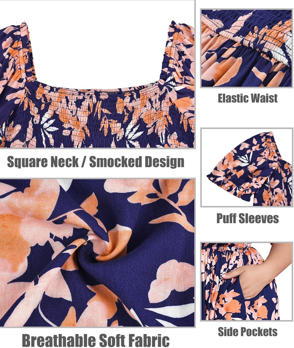 CARCOS Plus Size Dresses for Curvy Women Off Shoulder Square Neck Puff Sleeve Smocked Maxi Summer Dresses with Pocket XL-5XL - Image 6