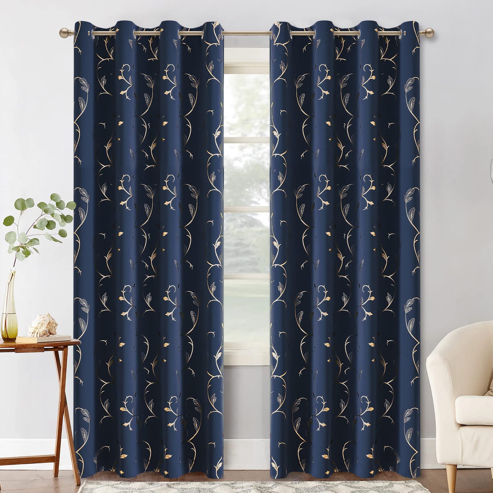 BUHUA Blackout Curtains 84 Inches Long, Gold Foil Print Pattern Room Darkening Curtain, Living Room Curtains & Drapes, Thermal Insulated Window Panel Set, 52 x 84 Inch, Navy Blue