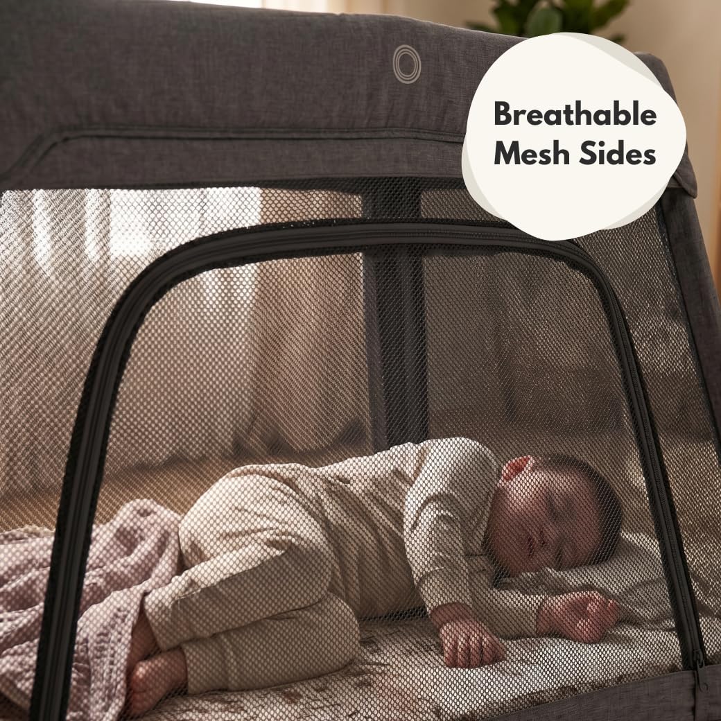Venture Airpod Lit de voyage léger et pliable avec insert nouveau-né, matelas, sac de rangement et fonction parc - Côtés en maille respirante - Convient aux enfants de 0 à 3 ans - Gris foncé