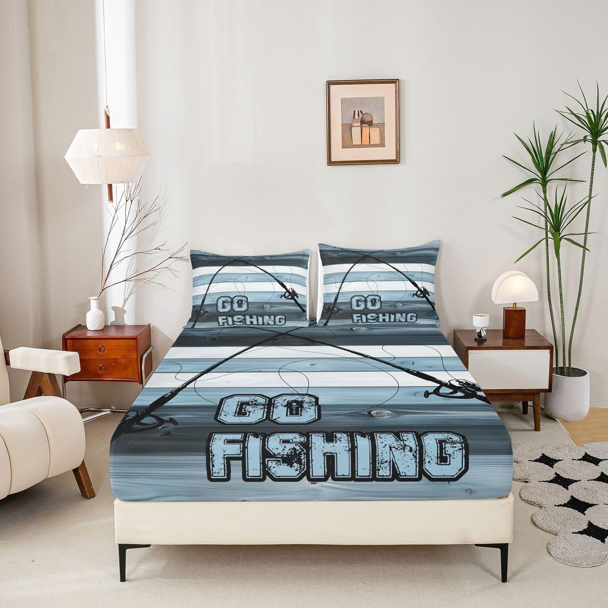 Fishing Fitted Sheet Retro Bed Sheets Deep Pocket 12 inch (30 cm) Soft Cozy 3 Piece Microfibre Bed Sheet 200x200 cm with 2 Pillowcases 50x75 cm
