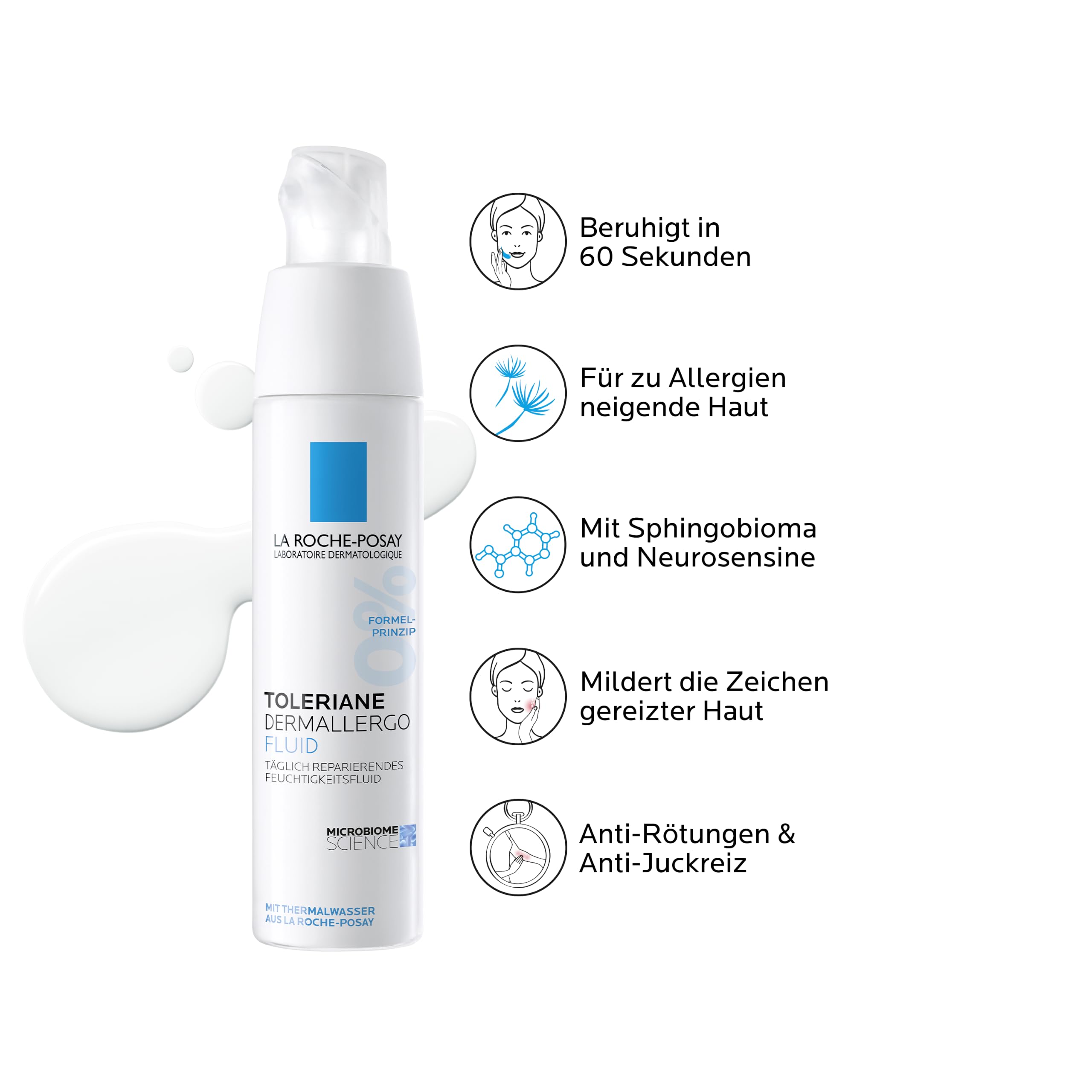 La Roche Posay Regenerierendes Gesichtsfluid für empfindliche und zu Allergien neigende Haut, 48 Stunden Feuchtigkeit, Mit Sphingobioma, Neurosensinen und Niacinamid, Toleriane Dermallergo, 40 ml