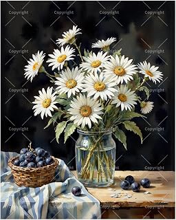 Daisy Still Life Paint by Numbers Kit for Adults - DIY Daisies in Glass Jar with Blueberries Painting on Canvas 16x20 Inches, Acrylic Paint Set, Art for Home Decoration or Gifts