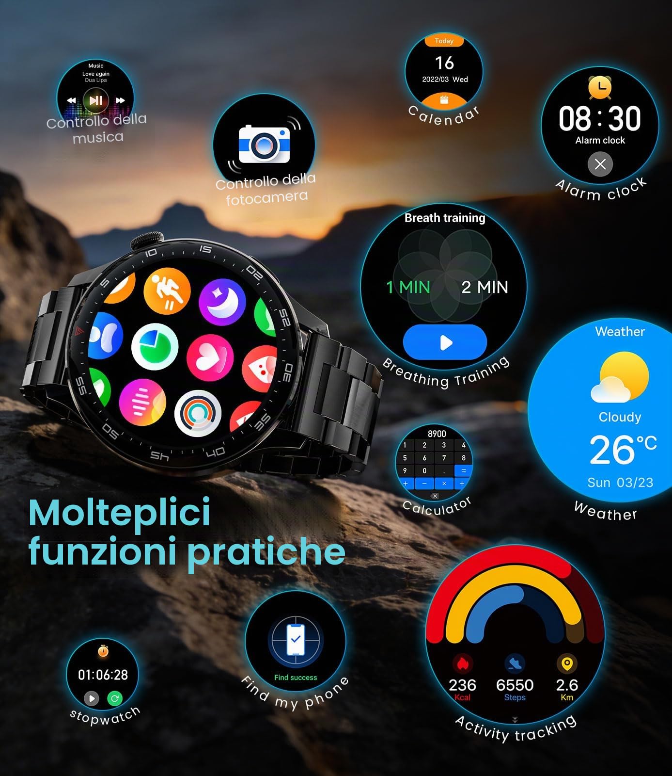Smartwatch Uomo con Chiamate Bluetooth, 1,7" Ampio Schermo con Torcia a LED/800 mAh/Impermeabile IP68/100+ Modalità Sportive/Monitor Frequenza Cardiaca/Sonno per Android e iOS, Silicone Nero