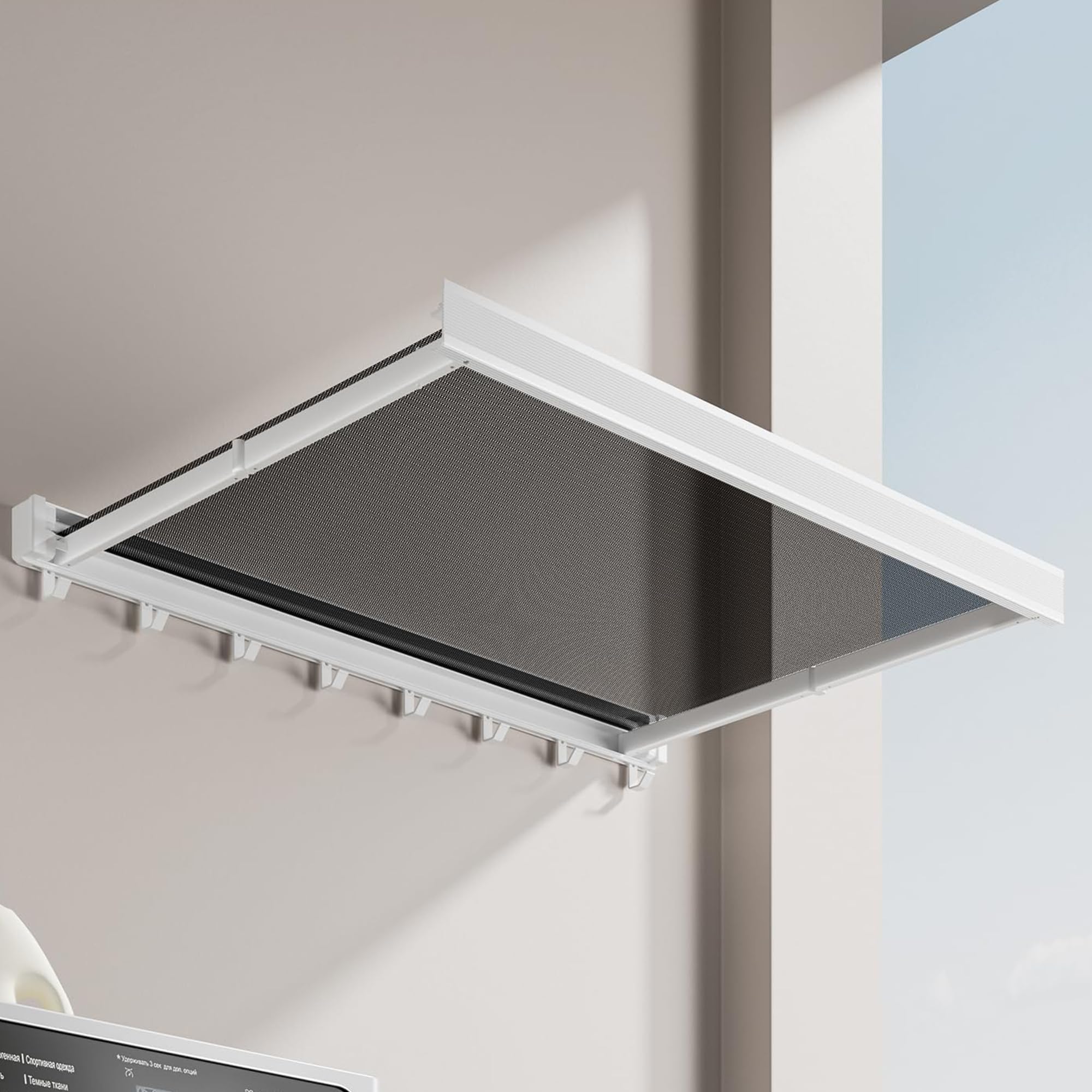 Drimzate Retractable Wall Mounted Clothes Drying Stand with Net and 8pcs Hooks,Drying Rack for Shoes,Socks,Underwear (White)