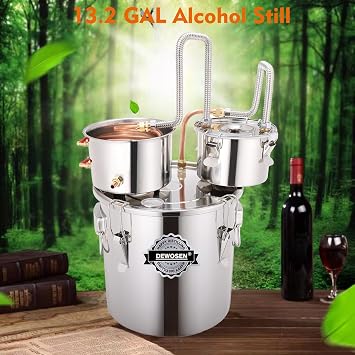 DEWOSEN Alcohol Still 13.2 Gallon 3 Pots Shine Still Distillery Kit for Alcohol Stainless Copper Tube Complete with Thumper Keg Water Pump Thermometer Airlock Brew Bag Proof Alcoholmeter Test Kit