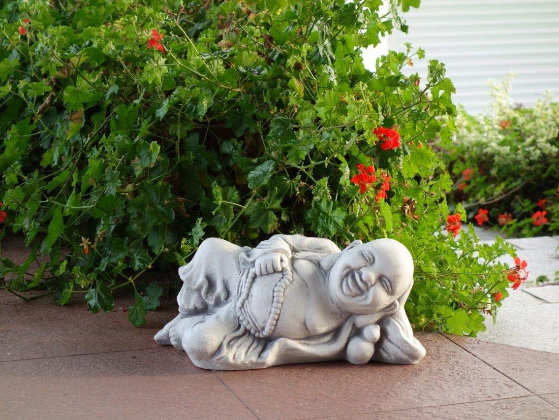 gartendekoparadies.de Lachende Buddha Statue aus Steinguss, Grau, Frostsicher, H. 18 cm, 14 kg, für Außenbereich