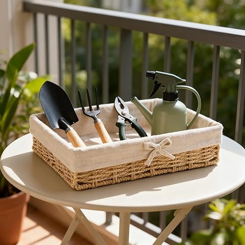 Miniatura 9 de Cestas de almacenamiento de mimbre tejidas a mano para estantes, cesta de ratán para almacenamiento de baño con forro decorativo rectangular para