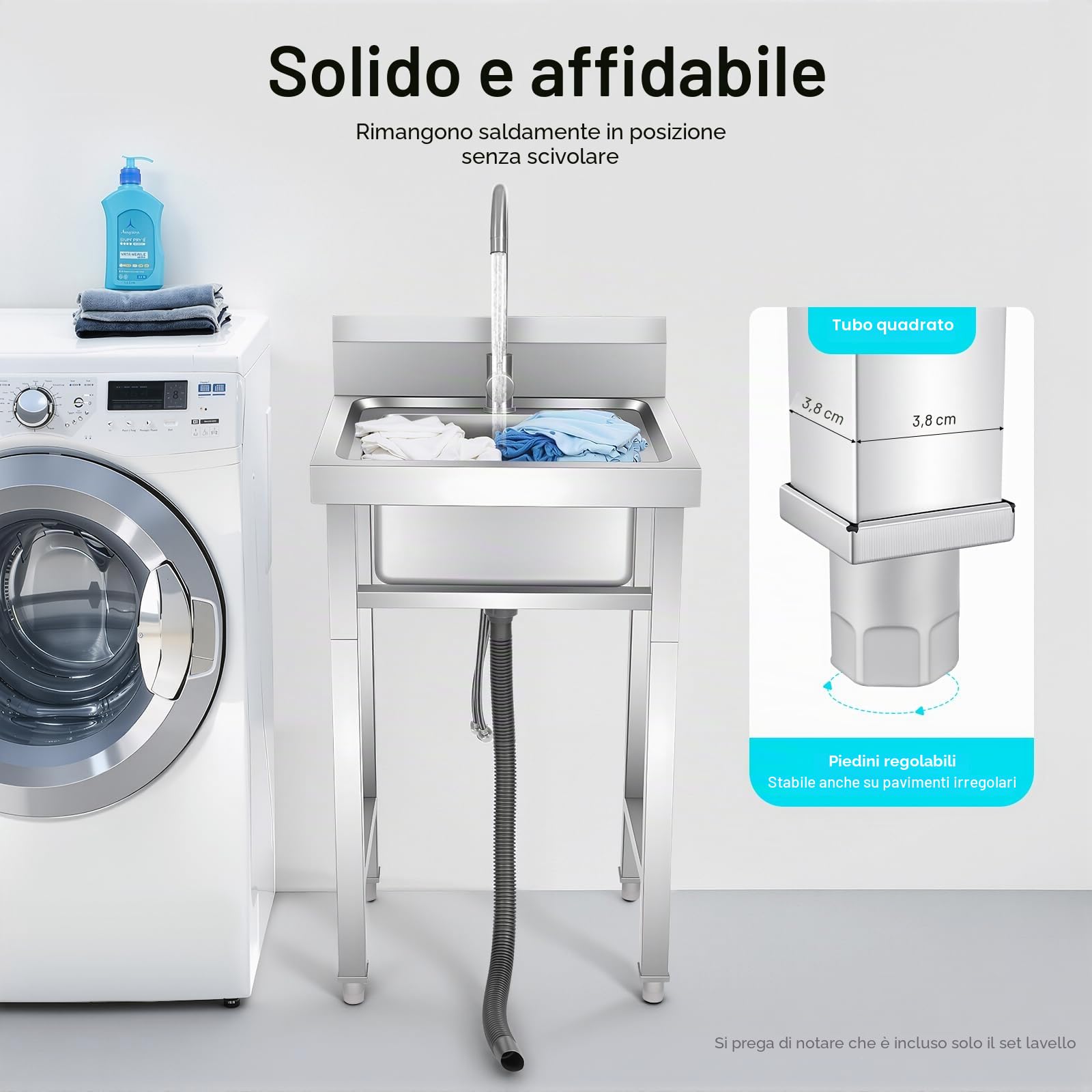 Lavello autoportante, in acciaio inox commerciale, lavabo singolo con rubinetto, per esterni, garage, ristoranti, cucina, lavanderia, 50 x 50 x 93 cm