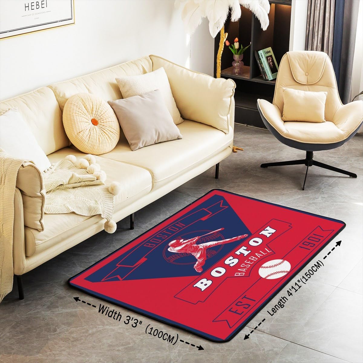 Feelyou Boys Baseball Area Rug 5x7 Polyester Boston Living Room Rugs for Bedroom Baseball City Decor Carpet Sports Game Indoor Floor Mat Soft Non-Slip