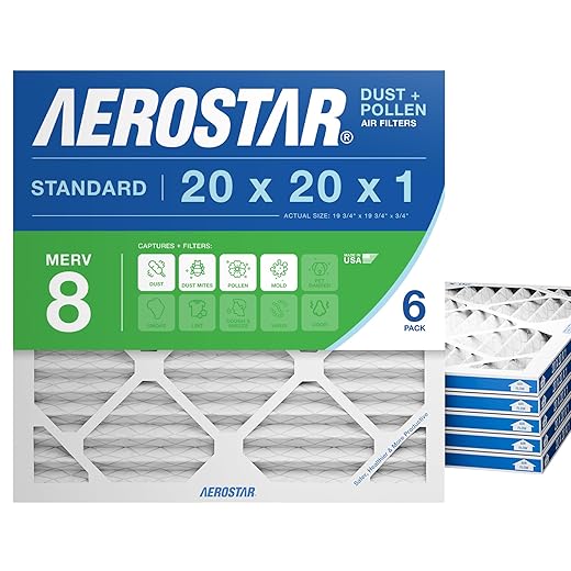 Aerostar 20x20x1 MERV 8 Pleated Air Filter, AC Furnace Air Filter, 6 Pack (Actual Size: 19 3/4" x 19 3/4" x 3/4")