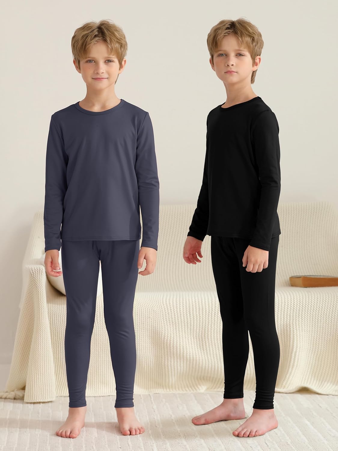 VZV 2 Set Thermal Underwear for Kids, Boys Long Sleeve Underwear Fleece Lined Base Layer Thermals Top and Bottom Set