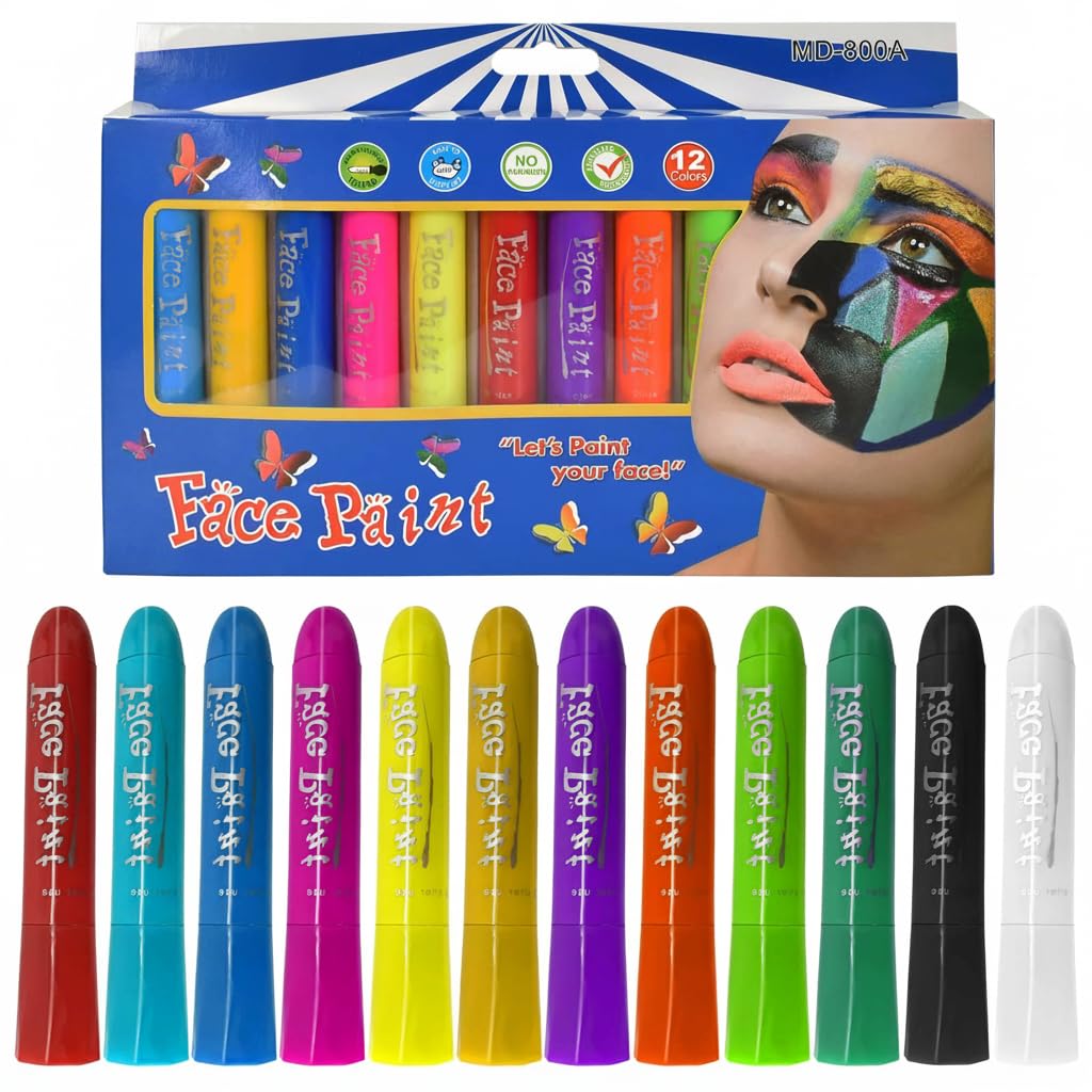 Face Paint Crayons, 12 Colors Face Paints for Children Halloween Make Up Set, Washable Make Up Set Body Painting for Boys Girls, Non-Toxic, Party Cosplay Face Paint Crayons for Ages 3+