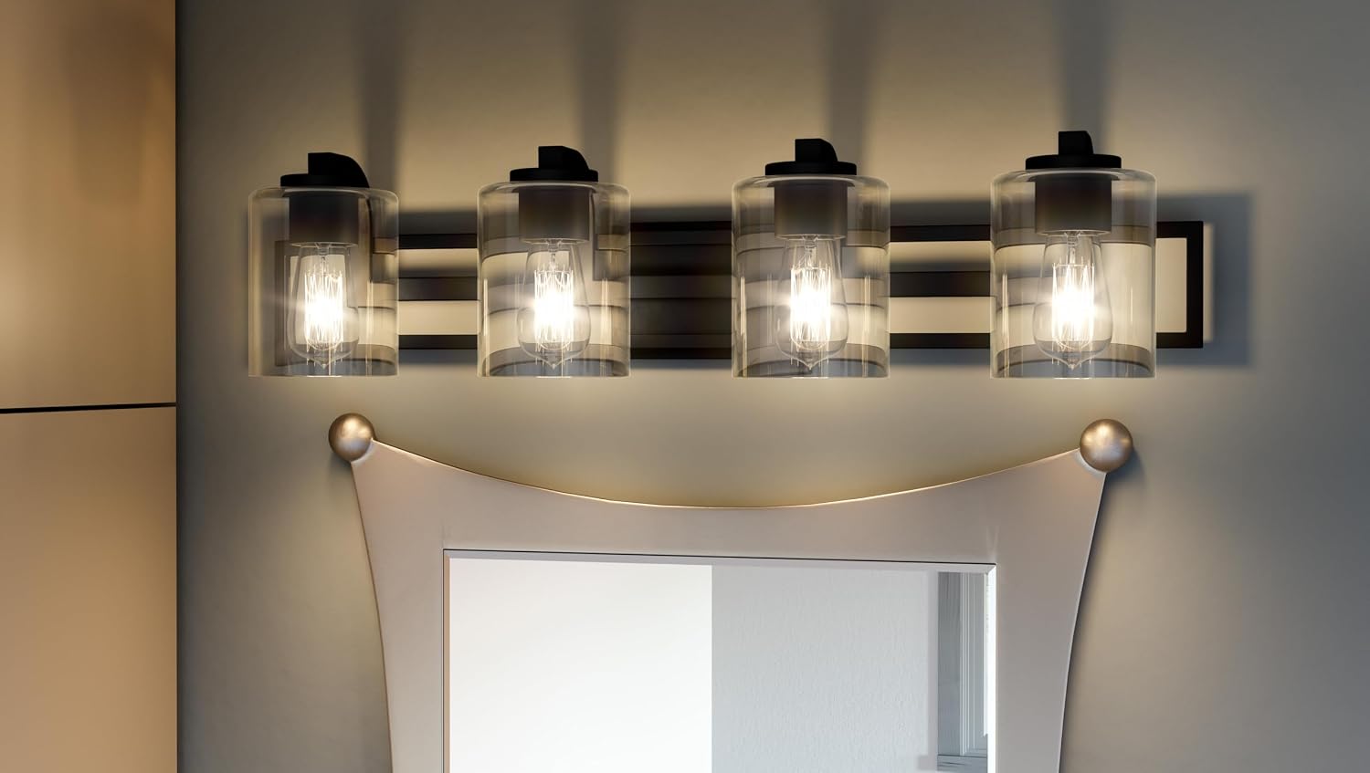 Quoizel Lansdowne Modern Bath Vanity Lights, 32 Inch 4-Light Matte Black Lighting Fixtures Over Mirror, Clear Glass Shade, 100W, Decorative Wall Light for Bathroom, Dresser, Kitchen or Hallway
