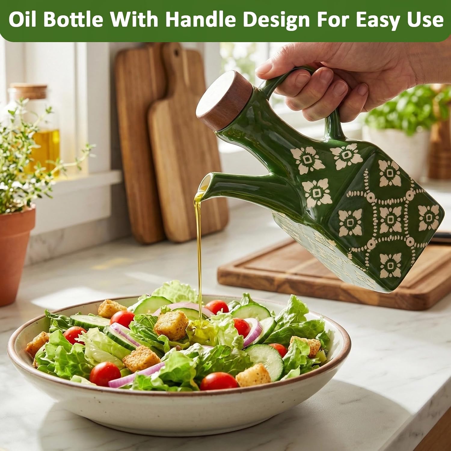 Olive Oil Dispenser Bottle Ceramic，8.5 Oz Decoration Oil Dispenser for Kitchen，Leakproof Oil And Vinegar Container with Handle，Green Italian Cooking Oil Cruet，Easy Pour