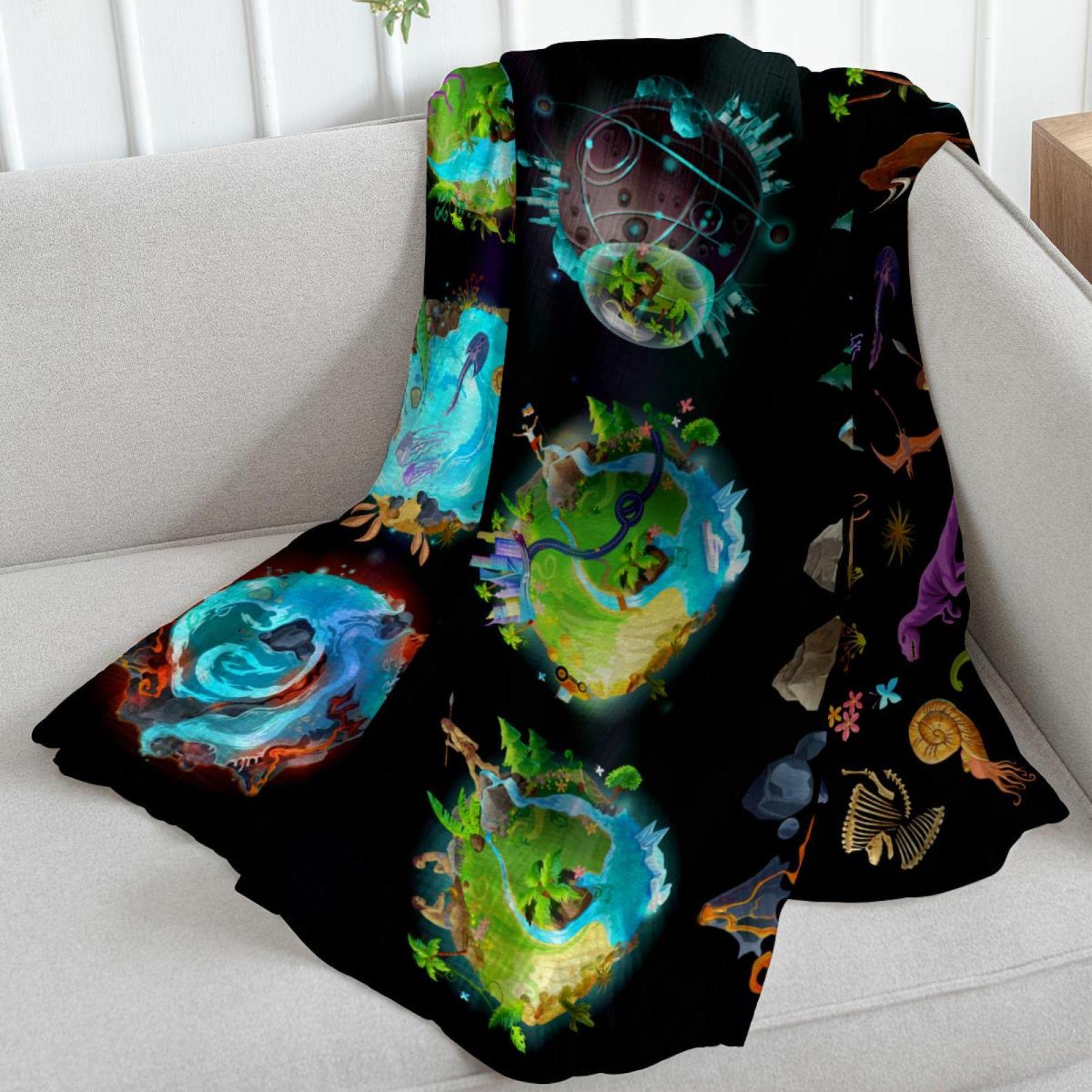 Coperta in pile Etapas-Evolucion-Tierra-Creacion-Dibujos-Animados-Varios-Iconos-Colores-Plantas-Animales per divano o letto