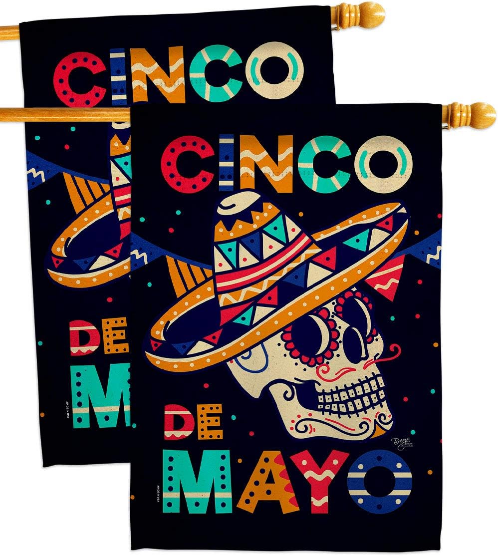 Breeze Decor Skull Cinco De Mayo House Flag 2 pcs Pack Summer Party Cactus Pinata Sombrero Fiesta Outdoor Decoration Banner Small Garden Yard Double-Sided, Mexican Independence Day Gifts Made in USA