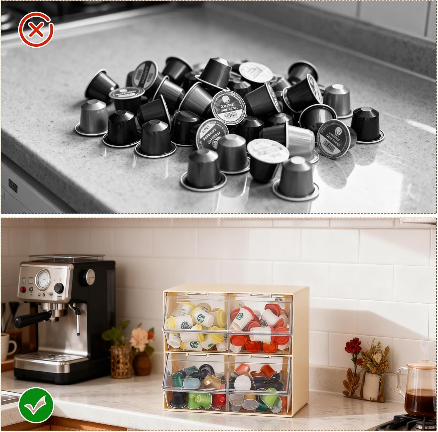 Coffee and Tea Organizer with Lid, Large Plastic Bar Organizer, Bar Accessories Storage Box for Kitchen, Countertop, Bar, K Cups, Coffee Pod, Tea, Sugar Bags (Beige)