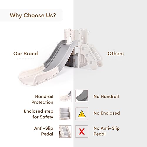 Miniatura 7 de Childlike Behavior Casa de juegos con tobogán y escalera en L, juego de aro de baloncesto para interiores o exteriores, juego para niños pequeños,