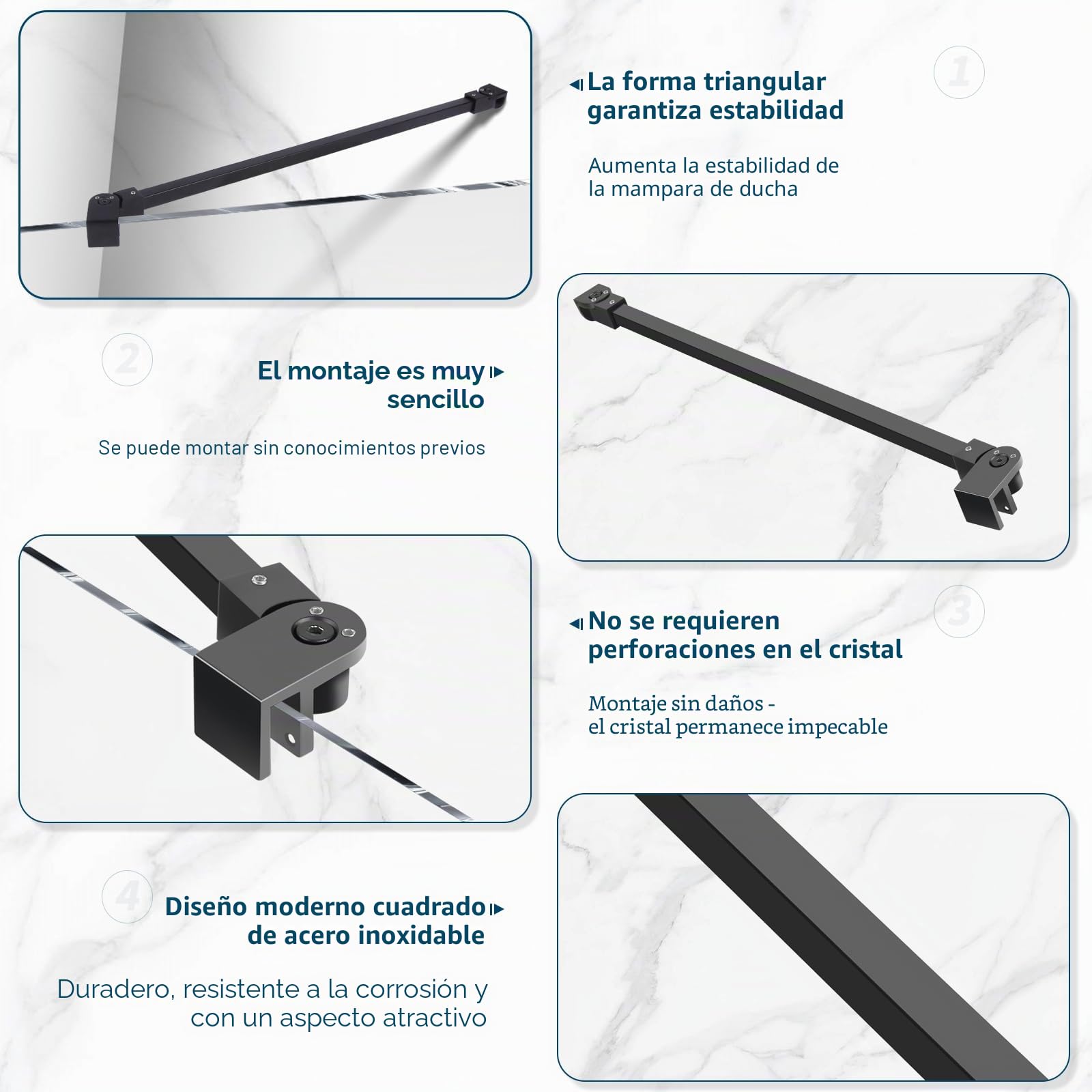 SVNR Soporte para mampara de ducha de 50 cm con ángulo giratorio flexible de 180°, barra estabilizadora para cristal de grosor 6-10 mm, barra de sujeción giratoria de acero inoxidable para mamparas de