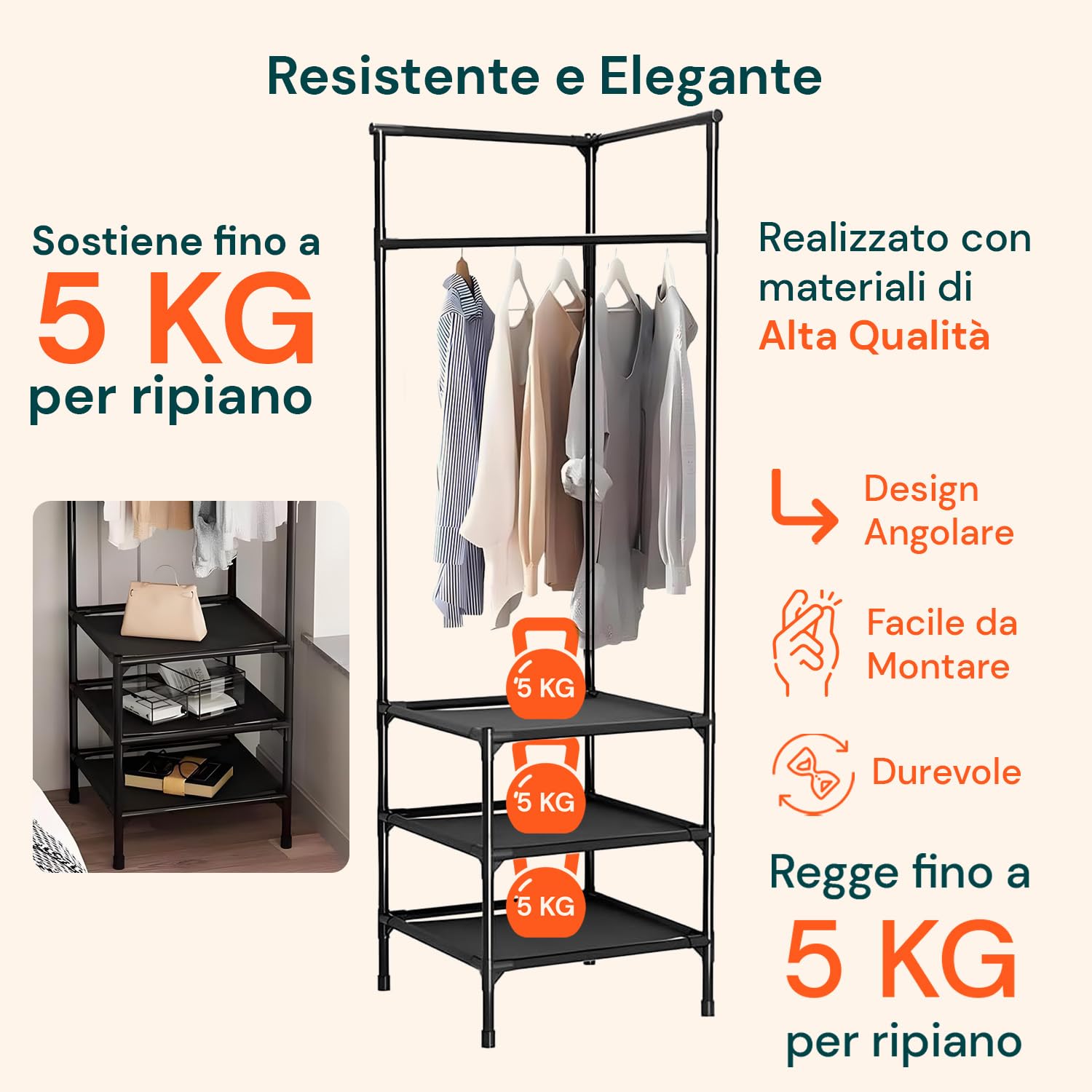 Avilia Porte-Manteau D'Angle 180 Cm - 3 Étagères Solides + Barre Cintres, Design Gain De Place Pour Entrée, Chambre Ou Couloir, Capacité 5 Kg Par Étagère