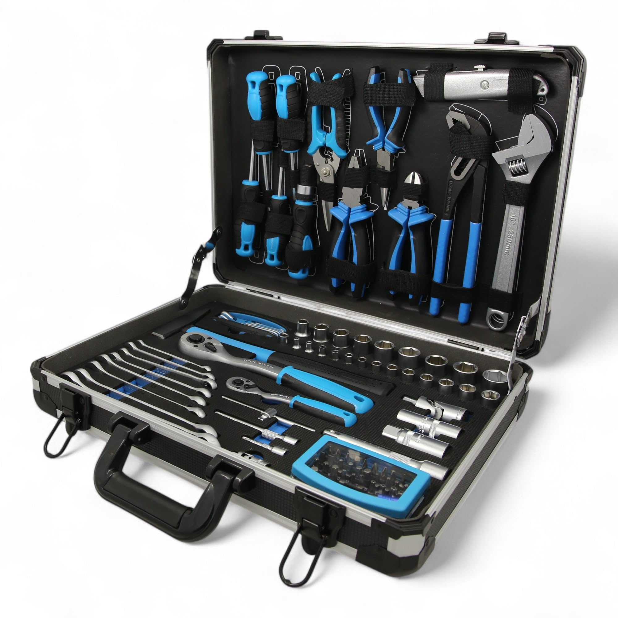 ATF Premium Werkzeugkoffer/Werkzeug-Set gefüllt 95-tlg CV, Ratsche, Steckschlüssel, Gabelschlüssel, Bits, Schraubendreher und Zangen, Ideal für Umzug, Geschenkidee, Alu-Koffer bestückt