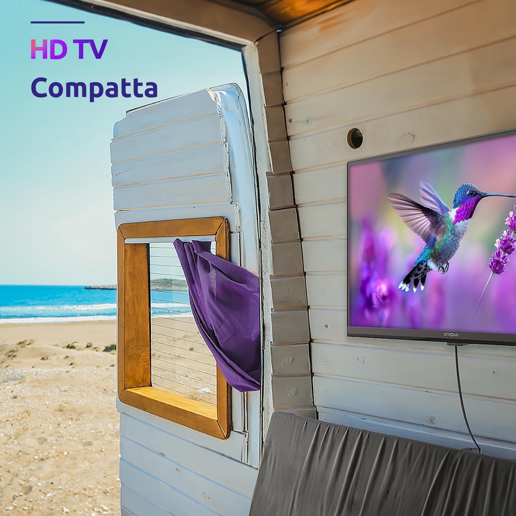STRONG - TV HD 24" (60 cm) SRT24HE4023C - 12 V ideale per roulotte, camper - Triplo sintonizzatore integrato - 2 porte HDMI (1 ARC) + 1 porta USB + Mini-AV + presa per antenna/satellitare - Nero