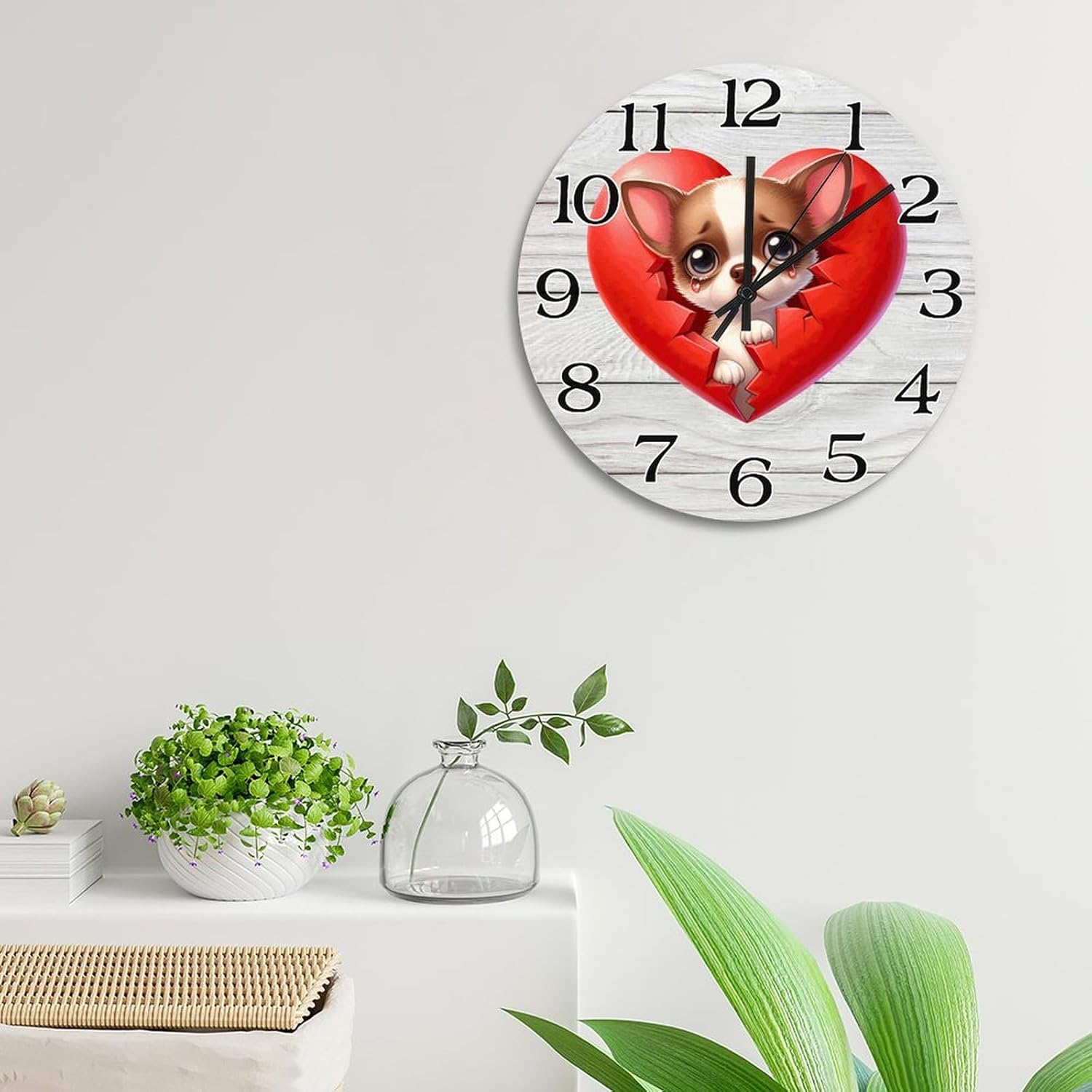 Red Heart Peeking Dog Chihuahua Wall Clocks 15x15 in Pet Dog Puppy Round Decorative Wood Wall Clock Retro Hanging Silent Wooden Wall Clock for Bedroom Kitchen Living Room Kid's Room Home Decor