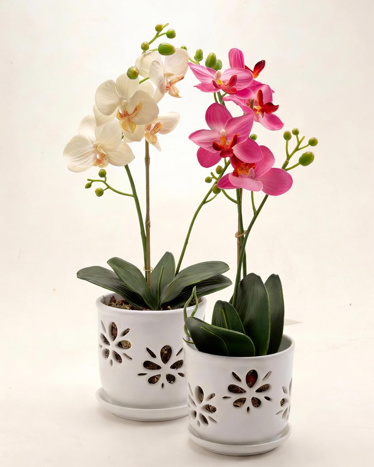 vensovo 5+6 Inch Orchid Pot with Holes and Saucer - White Ceramic Orchid Planter for Repotting, Flower Pot for Indoor/Outdoor Plants (2 Packs)