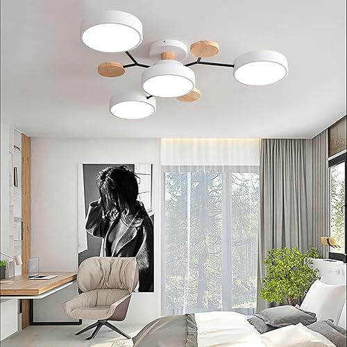 Vista 77 de Lámpara LED de techo, 34 pulgadas, 7 luces, moderna lámpara de techo empotrada de madera de 56 W, lámpara regulable para sala de estar, dormitorio