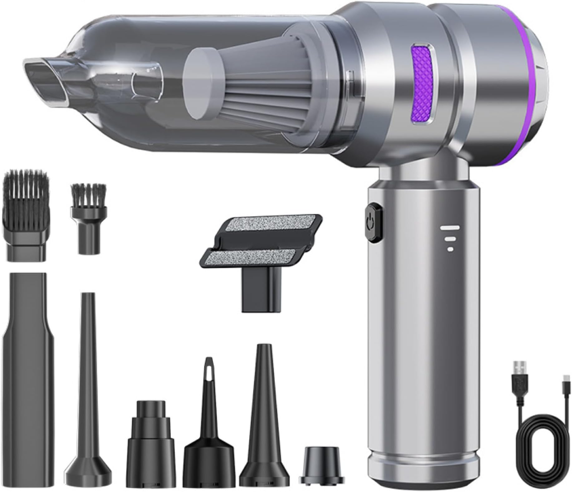 Electric Air Duster XVersion 4-in-1 Car Vacuum Cleaner High Power-Vacuum, Inflate, Deflate & Blow | Cordless Handheld Vacuum with 3-Speed,Battery Display, Type-C | Portable for Car/Home/PC (Silver)