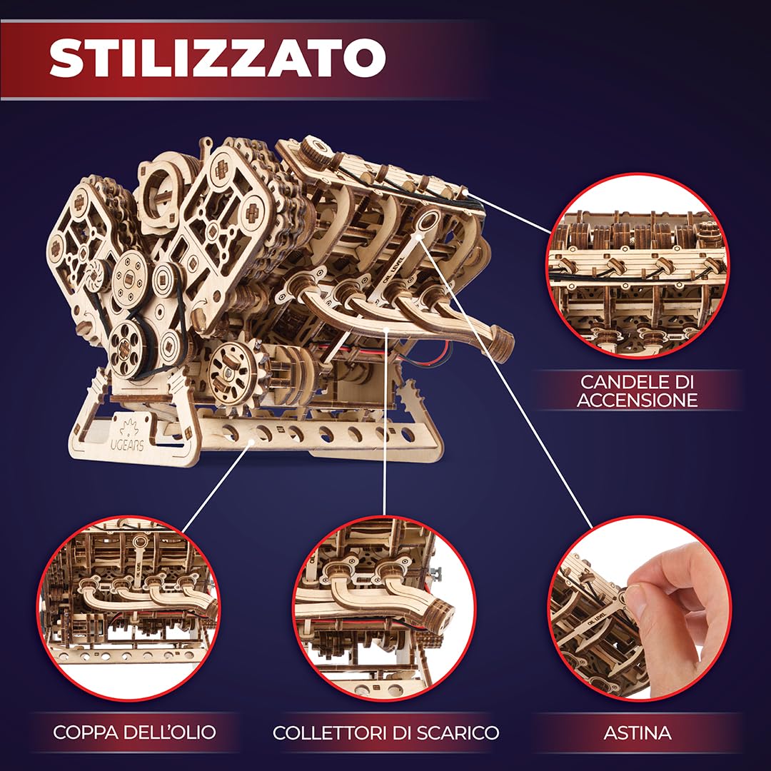 UGEARS V8 Engine Model Kit - Puzzle 3D Avanzato in Legno per Adulti - Kit Fai Da Te per Adulti Regalo per Ingegneri - Kit Modello Motore 3D per la Festa del Papà, Compleanni, Natale - 776 Pezzi