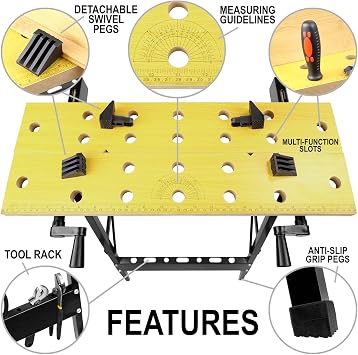 Work-It! Portable Workbench, Folding Carpenter Saw Table with Adjustable Clamps - Easy to Transport with Heavy-Duty Steel Frame, 150 Lbs Capacity