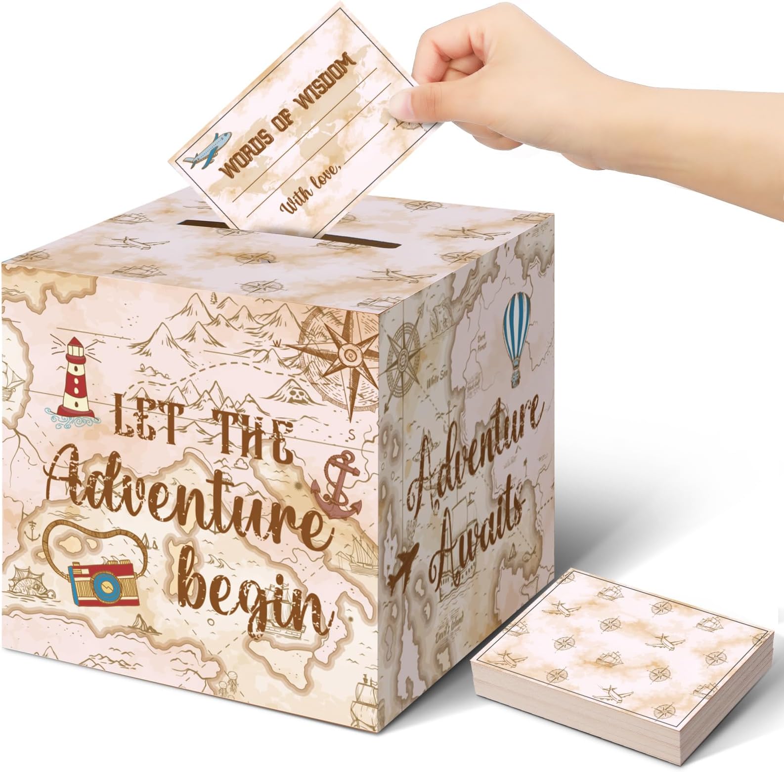 51 Pcs Let the Adventure Begin Card Box Holder and Advice Cards for Adventure Awaits Bon Voyage Farewell Travel Themed Birthday Graduation Retirement Job Career Change Party Decor Supplies