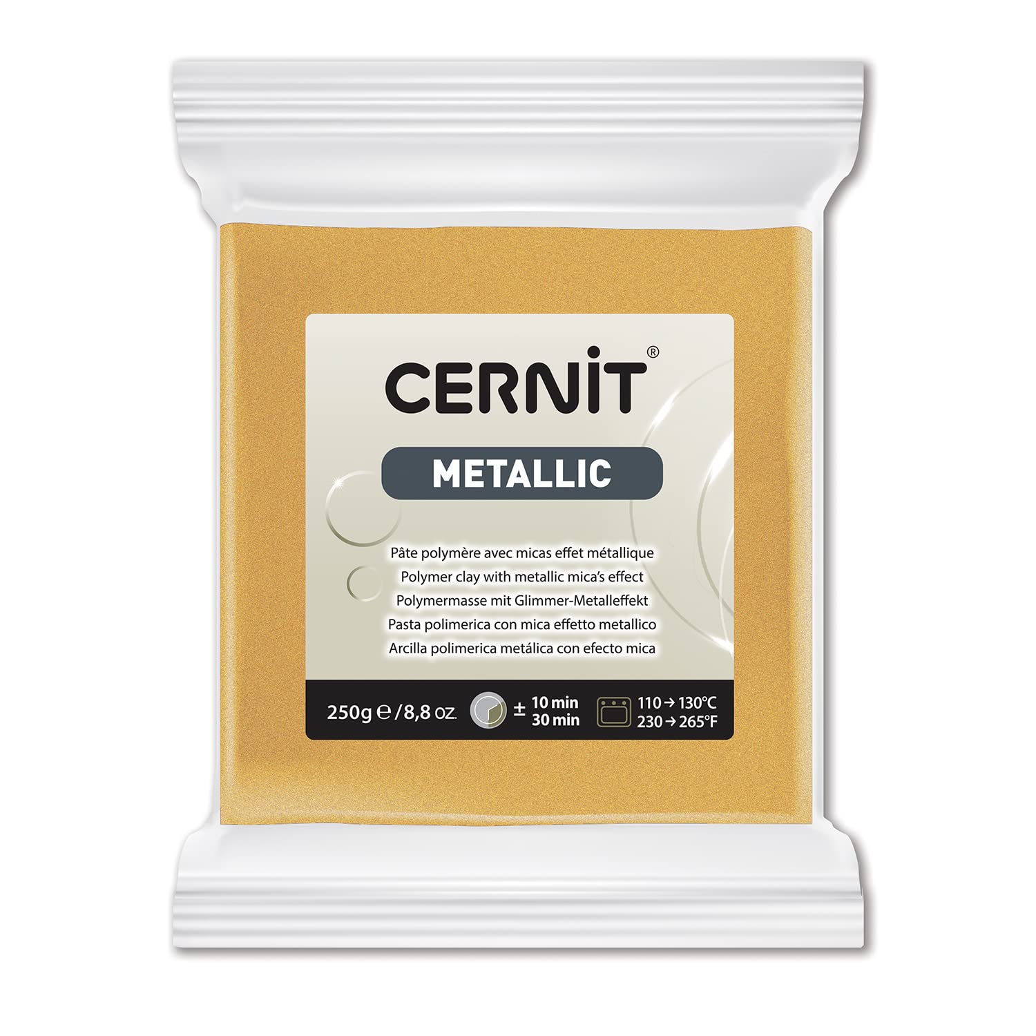 CERNIT CE0870250050C - A Pack of Metallic Effect Polymer Clay Block - Modelling and Baking Clay - Gold Coloured - 250 g Block - Manufactured in Belgium