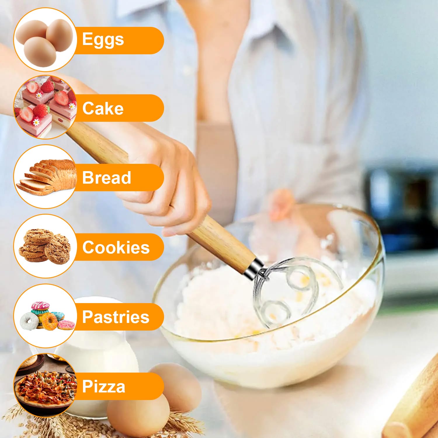 Frusta Per Impasto Danese 13 Pollici - Frusta Olandese In Acciaio Inox Con Manico In Legno Per Pane E Dolci - Foto 7