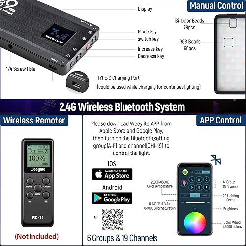 Miniatura 5 de Weeylite RB9 Luz de video para cámara RGB, control de aplicación LED de 12 W en luz de cámara con trípode, 2500-8500K 360° a todo color CRI 95+ RGB