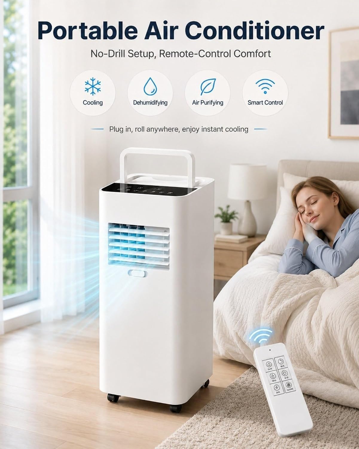 Mobilny klimatyzator 7000 BTU Cichy 45 DB, odświeżacz i osuszacz 1,5 l/h, przepływ powietrza 150 m³/h, automatyczna oscylacja, timer 24 H do pokoju autobusowego