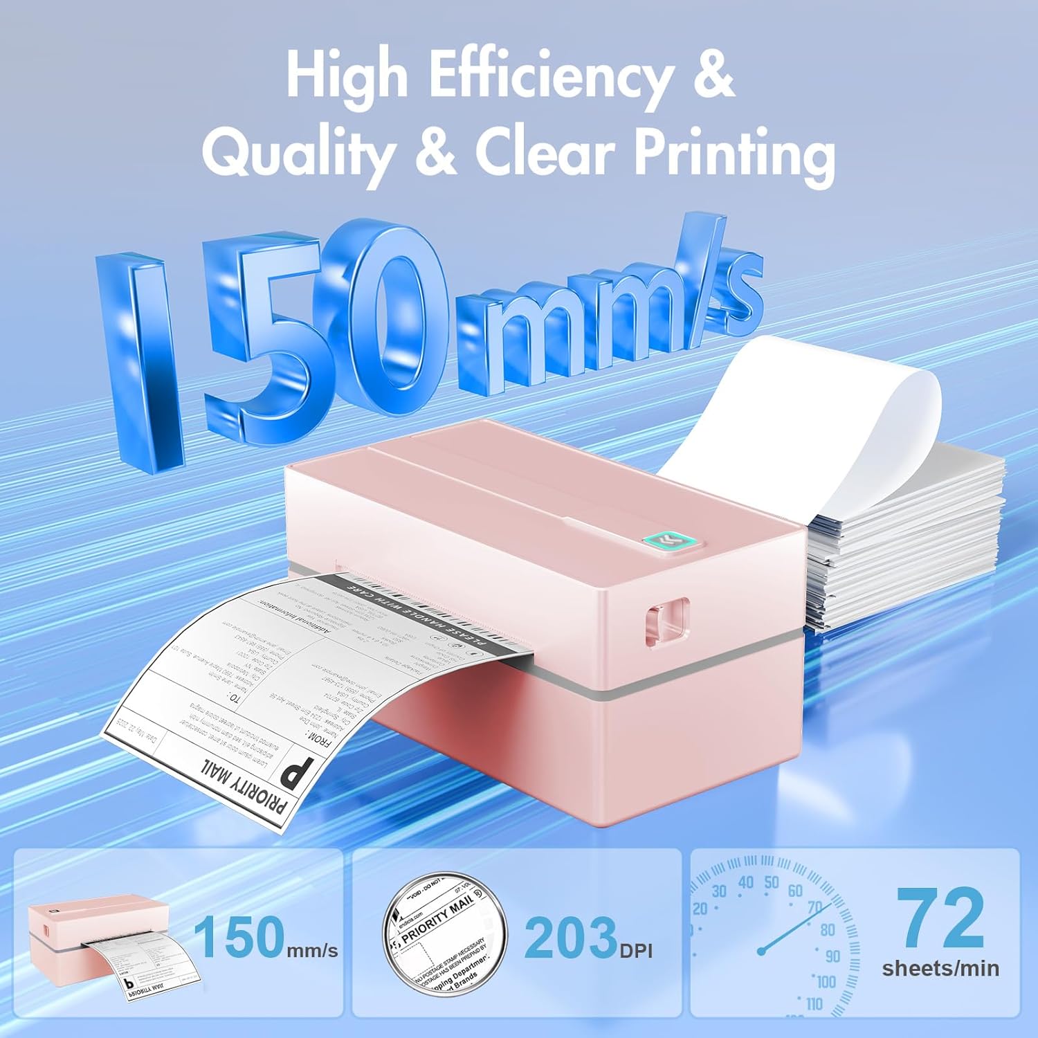 A pink NULLTONEX Y813 thermal label printer printing a shipping label, with graphics indicating a printing speed of 150 mm/s, 203 DPI resolution, and 72 sheets per minute.