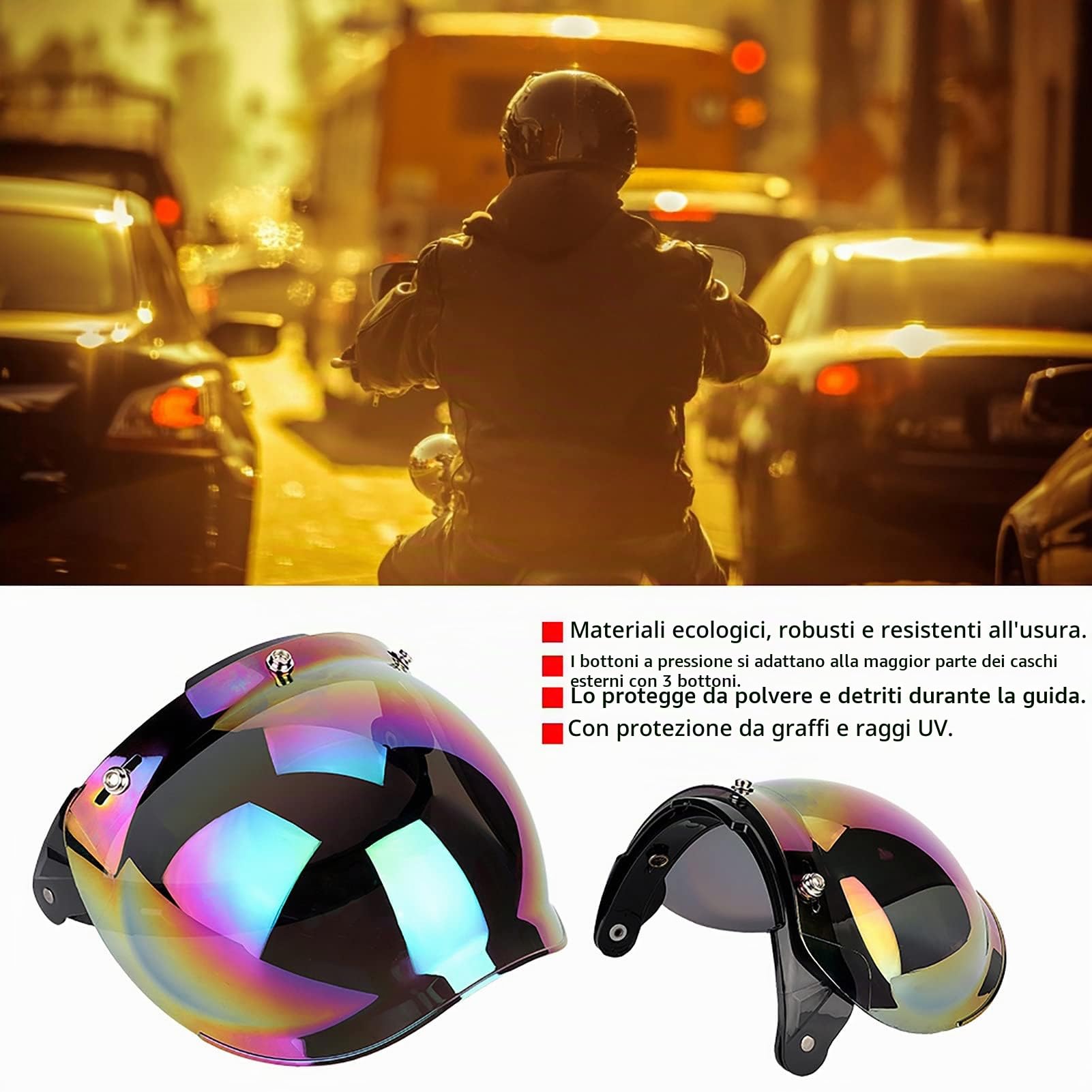 bubble shield bubble shield Lente per casco moto, visiera parasole per moto retrò a 3 scatti con lente antivento colorata adatto per visera para casco 3/4