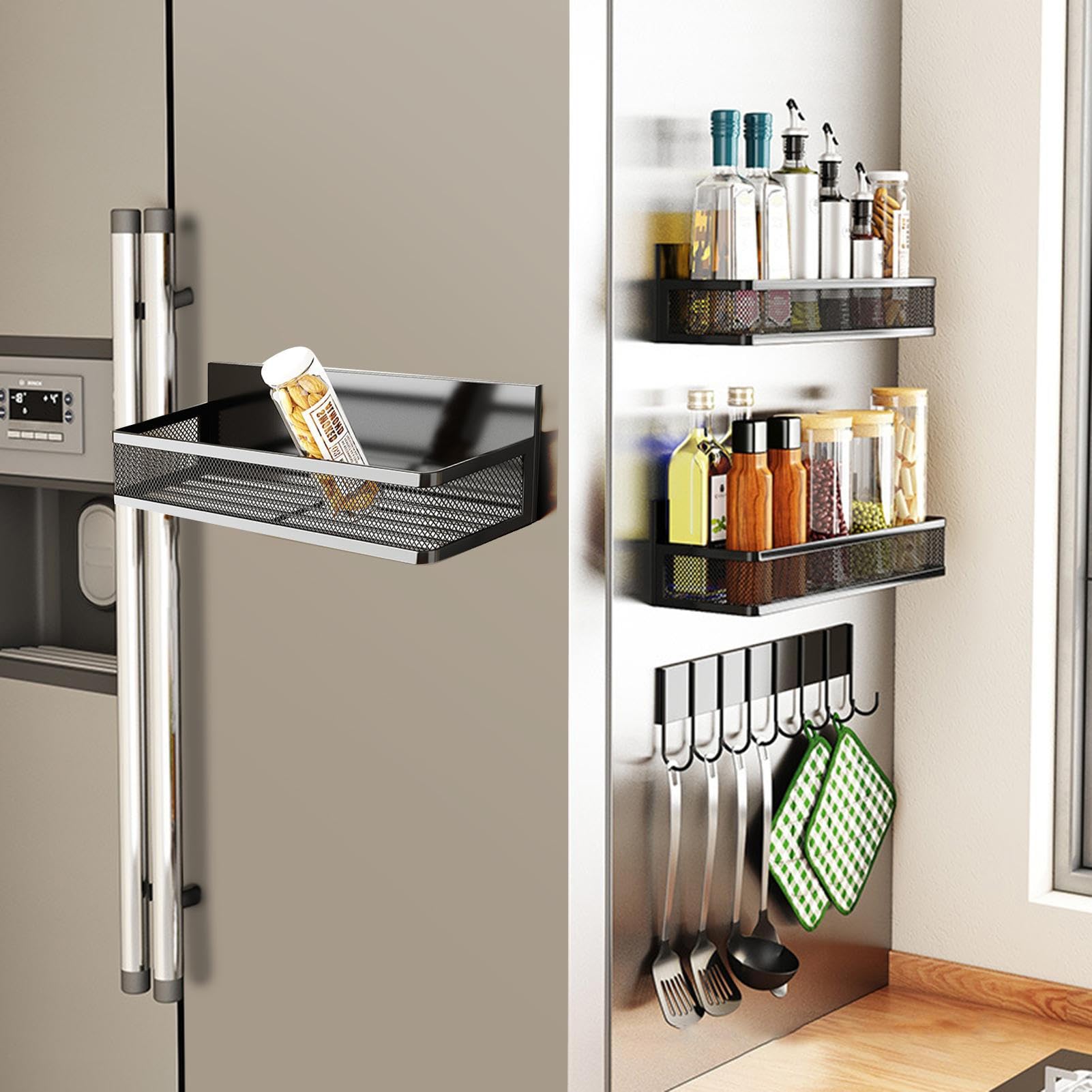 Estante magnético para condimentos para refrigerador, organizador de metal de 3 piezas con ganchos, estante magnético para condimentos para, para cocina, hogar, almacenamiento, gabinete, tarro