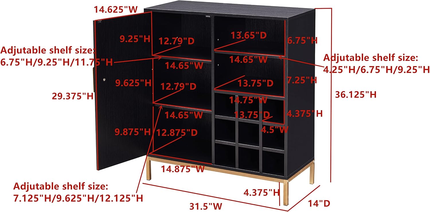 Kings Brand Furniture - Grant Buffet Bar Liquor Cabinet with Wine Rack Storage and Glass Holder, Black