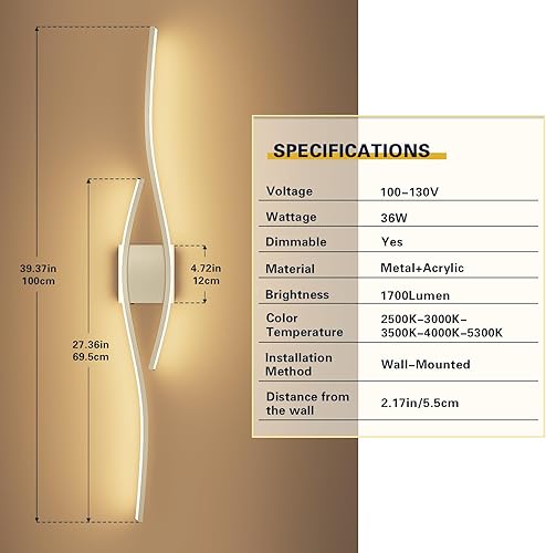 Miniatura 4 de Joossnwell Lámpara de tocador de níquel cepillado para lámparas de baño, modernas 5CCT regulables, barra de luces LED de baño de 39.37 pulgadas