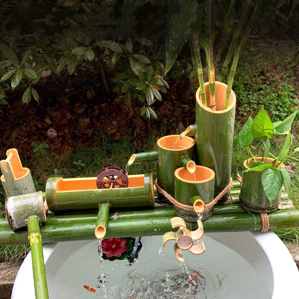 Japanese Garden Decoration,Bamboo Fountain Decor Bamboo Fountain Water Feature Bamboo Fountain Decor Water Spout with Pump Feng Shui Wheel Sculptures Statues Arts Crafts Artwork,80cm