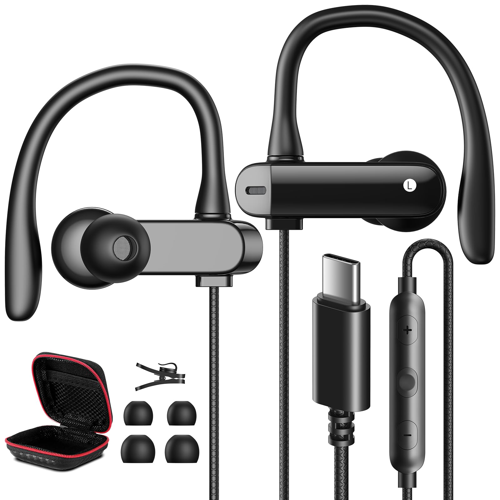 Słuchawki USB C z zaczepem na ucho do iPhone 17 Pro 16e 15 5G iPad Air mini | typu C Słuchawki douszne z kablem mikrofonem typu C do Samsung Galaxy A57 A37 A27 A36 S26 Google 10a Pixel 9 Xiaomi 17T Pro
