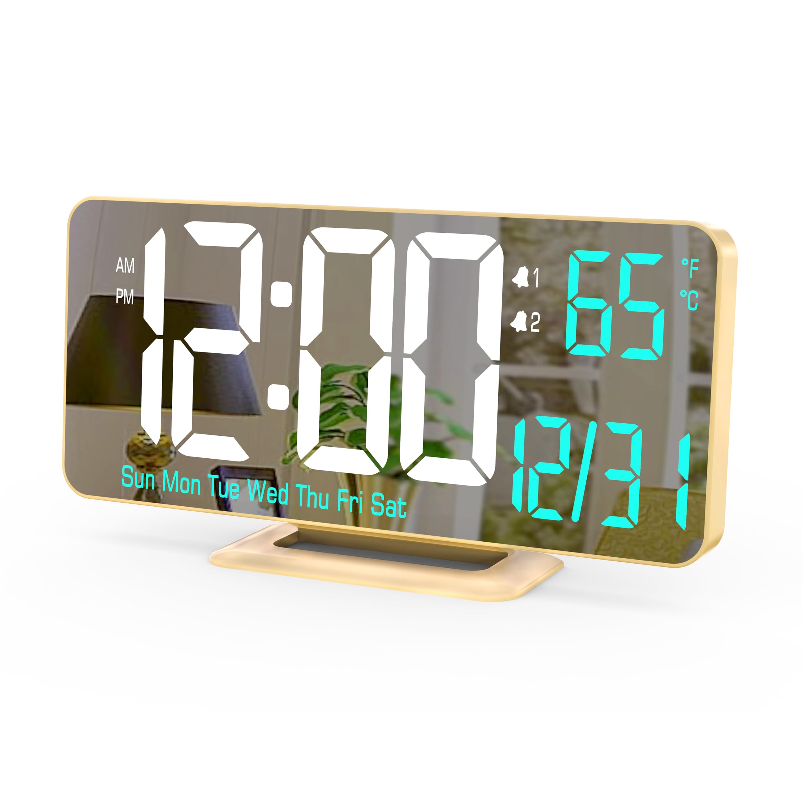 KOSUMOSU Dual Alarm Clock 6.7in Gold Desk Clock with Dimming, 12/24h, Seconds, Date, Day of Week, Temp, Digital LED Clock for Bedroom, Digital Calendar Clocks for Living Room Gold Desk Accessories