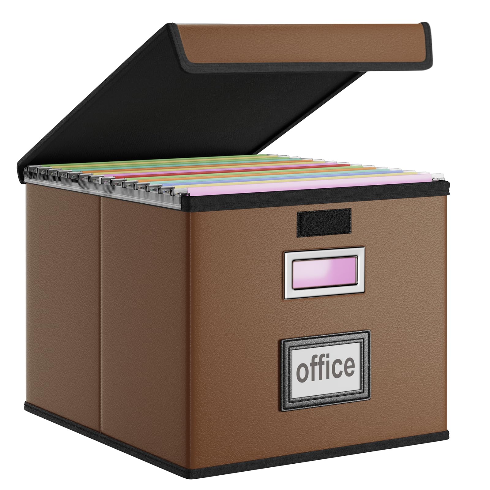 Scatola organizer in ecopelle con coperchio, pieghevole, da appendere, con diapositive in plastica, sistema di archiviazione decorativo per casa/ufficio, per archiviazione di file e cartelle,