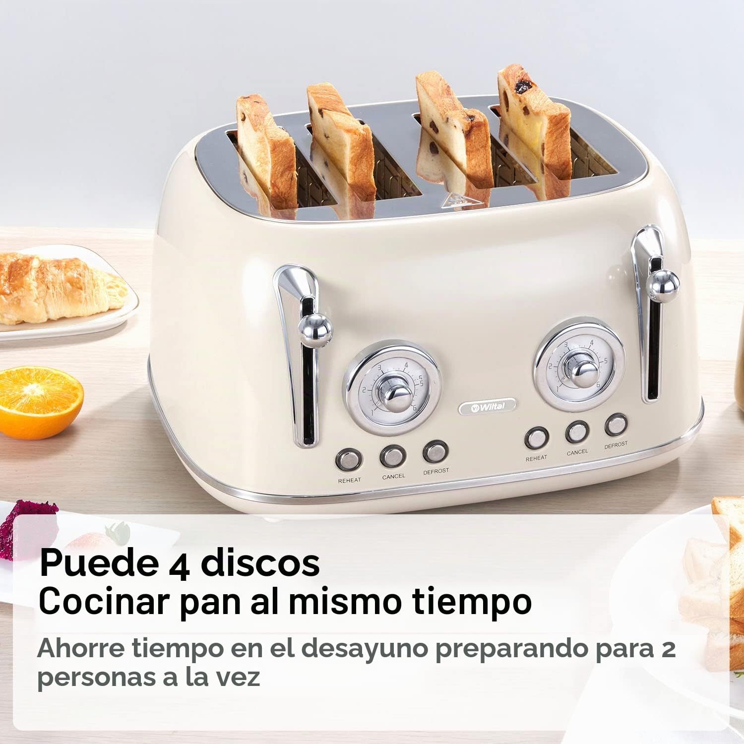 Wiltal Tostadora de 4 rebanadas, tostadora retro, carcasa de acero inoxidable, con accesorio integrado para panecillos, con tapa, grado de tostado 1-6, función de descongelación, bandeja recogemigas